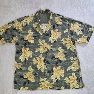 Tommy Bahama Silk Camp Shirt Floral Green Yellow Medium